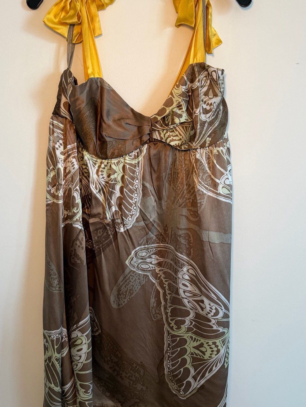 New Look Brown Butterfly Print Strapless Sundress with Yellow Tie Straps